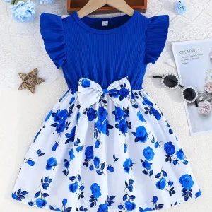 Robe fille été bleu et blanc à volants – Imprimé papillons et fleurs avec nœud