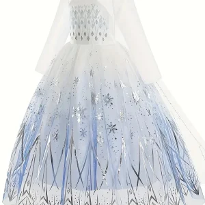 Robe fille princesse bleu clair avec cape – Déguisement féérique reine des neiges