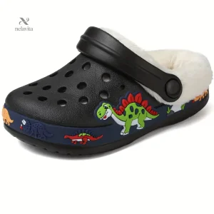 Sabots garçon fourrés dinosaures – Mules d’hiver chaudes et confortables