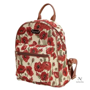 Sac à dos à motif vintage avec coquelicots et cuir