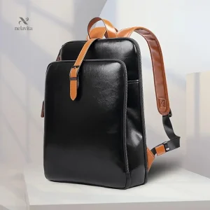 Sac à dos homme cuir noir élégant avec bretelles marron
