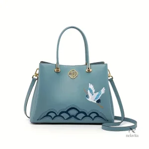 Sac à main bleu pour femme, broderie grue et dorures