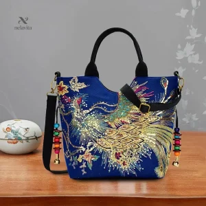 Sac à main femme brodé style bohème  Motif paon élégant et perles décoratives