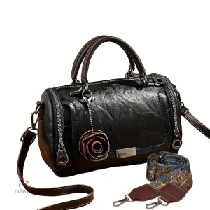 Sac Besace Femme Élégant Marron Sac à Main en Simili Cuir avec Fleur Décorative et Bandoulière Amovible