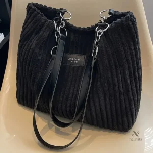 Sac Cabas Femme en Velours Côtelé Beige avec Anses Marron – Élégant et Tendance