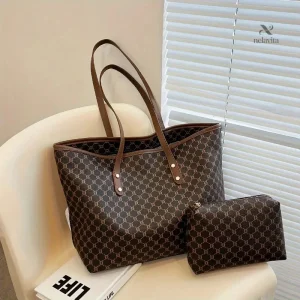 Sac Cabas Femme Grand Format en Toile Motif Géométrique avec Anses Marron – Élégant et Pratique