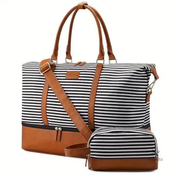 Sac de voyage rayé, idéal pour escapades et courts séjours