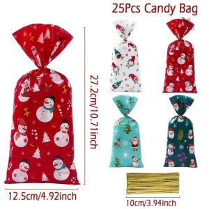 Sachets Cadeaux de Noël – Pochettes Festives avec Motifs Père Noël et Lutins pour Emballage Cadeaux