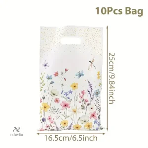 Sachets Cadeaux Fleuris avec Poignée – Lot de 10 Sacs en Plastique 25x16,5 cm pour Mariage, Anniversaire ou Fête
