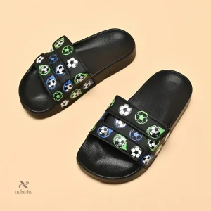Sandales et pantoufles garçon – Claquettes noires à scratch avec motifs ballons de football confortables