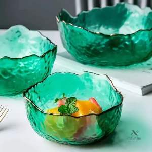Set de Bols en Verre – Design Martelé avec Bord Doré pour Salades, Fruits et Desserts