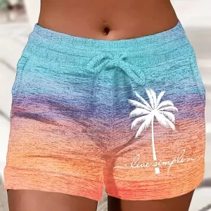 Short de Plage Femme Dégradé Sunset – Taille Élastique, Palmier & Message "Live Simply"