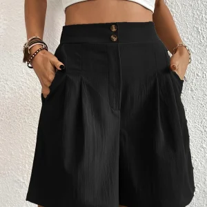 Short de Plage Femme Taille Haute – Coupe Fluide Élégante avec Boutons & Poches