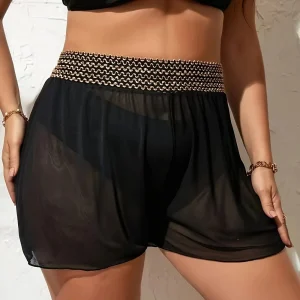 Short de plage transparent taille haute – Paréo short fluide et léger pour femmes aux courbes généreuses