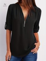 Blouse Col V Unie Manches Retroussables