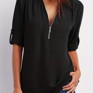 Blouse Col V Unie Manches Retroussables