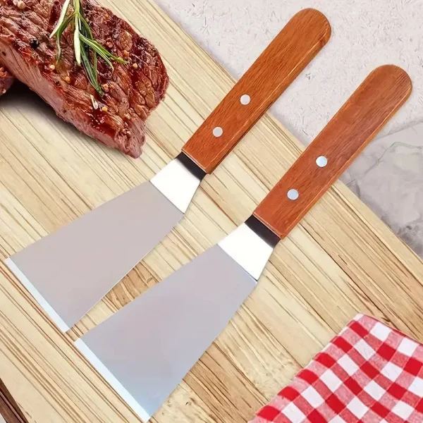 Spatule de plancha en acier inoxydable, manche en bois