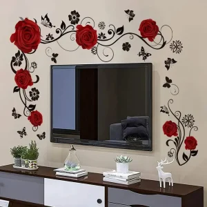 Sticker mural fleurs et papillons avec roses rouges en relief