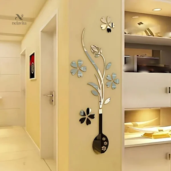 Sticker floral 3D pour entrée, effet miroir élégant et moderne