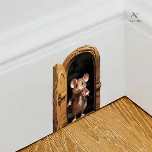 Sticker trompe-l'œil souris et porte en 3D pour décoration murale
