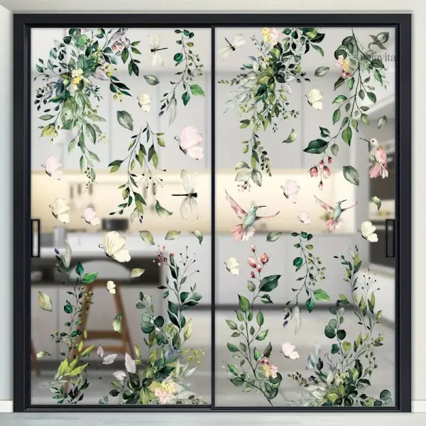 Décoration de fenêtre avec motifs naturels et colibris