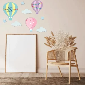 Stickers Muraux Montgolfières et Étoiles – Décoration Adhésive pour Salle de Classe ou Chambre d’Enfant