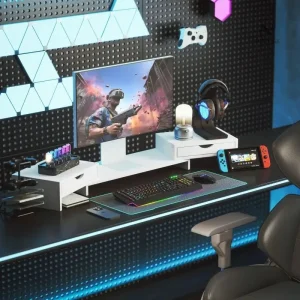 Support d’écran ergonomique avec tiroirs de rangement