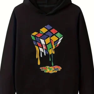 Sweat à capuche garçon bleu – Haut tendance avec imprimé Rubik’s Cube coloré, confortable et stylé