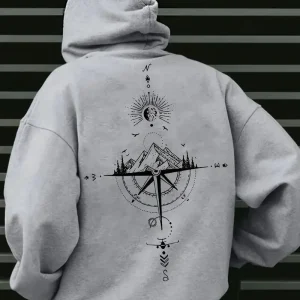 Sweat à capuche homme – Hoodie gris sport avec imprimé boussole & montagne – Style streetwear et confort