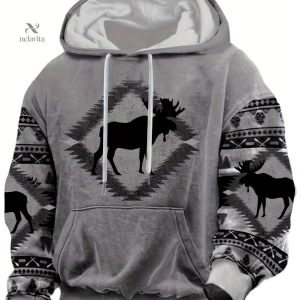 Sweat à Capuche Vintage pour Homme avec Imprimé Élan - Pull Décontracté
