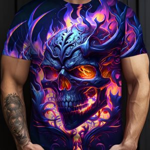 T-shirt À Manches Courtes Pour Hommes, Imprimé Avec Crâne Et Flammes Brillants