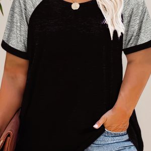 T-shirt Casual Grande Taille Femme, Col Rond Bicolore