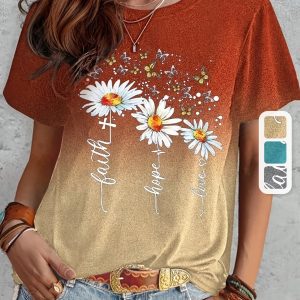 T-shirt Casual Grande Taille Femme - Imprimé Marguerite & Papillon Dégradé