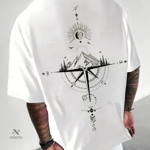 T-shirt décontracté avec imprimé boussole -respirant, col rond, manches courtes