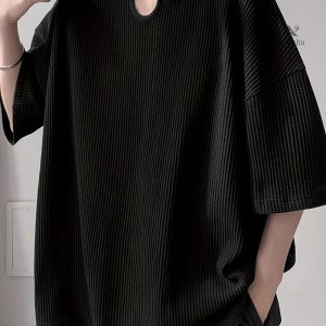 T-Shirt Décontracté Texturé pour Hommes - Couleur Unie, Coupe Ample