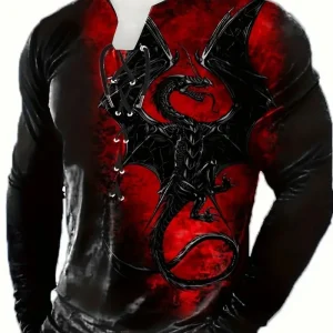 T-shirt fantaisie homme à lacets – Haut noir et rouge motif dragon gothique médiéval