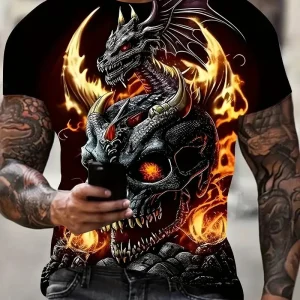 T-shirt fantaisie homme noir – Haut gothique dragon enflammé et crâne 3D réaliste