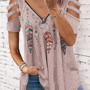 T-Shirt Femme Décontracté Col V Zippé à Imprimé Floral