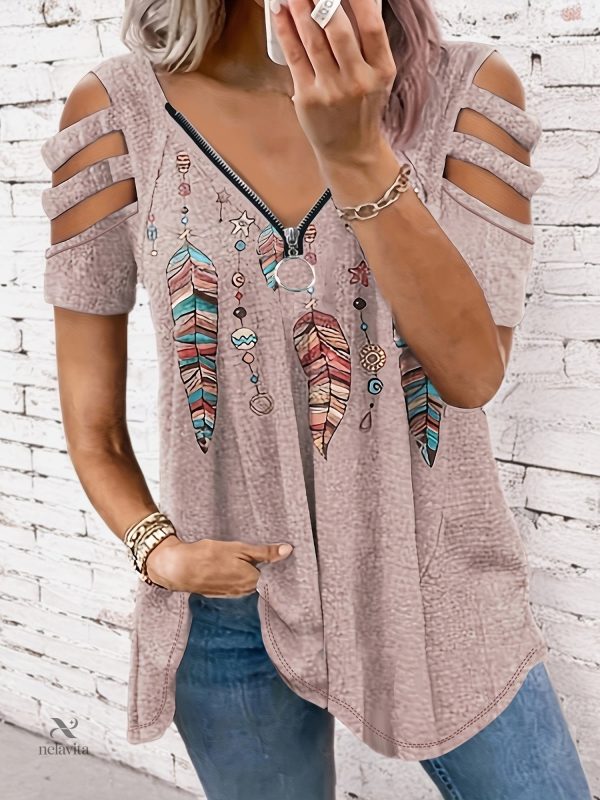t-shirt-femme-decontracte-col-v-zippe-a-imprime-floral-1