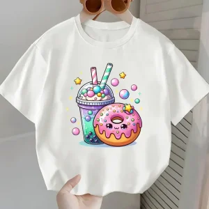 T-shirt fille blanc imprimé kawaii – Donut & Bubble Tea colorés
