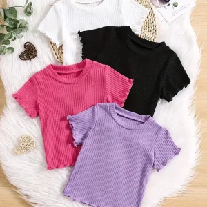 T-shirt Fille Côtelé Manches Courtes – Hauts Enfant Confortables et Tendance en Lot Multicolore