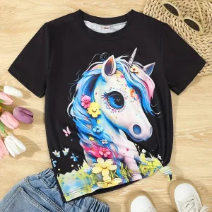 T-shirt Fille Licorne Colorée – Haut Enfant Manches Courtes Imprimé Fantaisie et Tendance