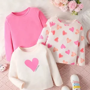 T-shirt Fille Manches Longues Motif Cœur – Hauts Enfant Coton Confortables et Tendance