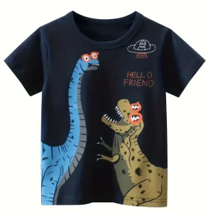 T-shirt fille noir imprimé dinosaures rigolos – Mode casual et fun