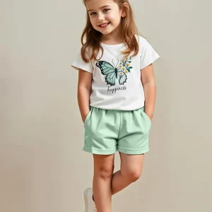 T-shirt Fille Papillon Imprimé – Haut Enfant Manches Courtes Confortable et Tendance Été