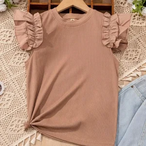 T-shirt fille rose sans manches à volants – Haut léger et élégant pour l’été
