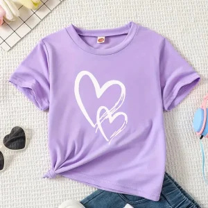 T-shirt fille violet avec imprimé cœurs blancs – Style tendance et mignon