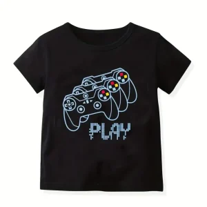 T-shirt gamer garçon – Hauts imprimés manette et slogans gaming tendance