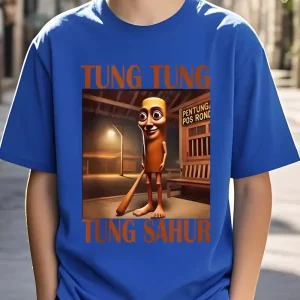 T-shirt Garçon Bleu Amusant – Motif Cartoon 3D Tung Tung Sahur