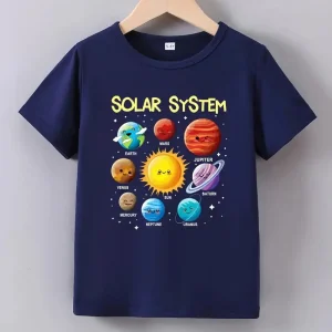 T-shirt garçon bleu Solar System – Haut éducatif avec planètes du système solaire